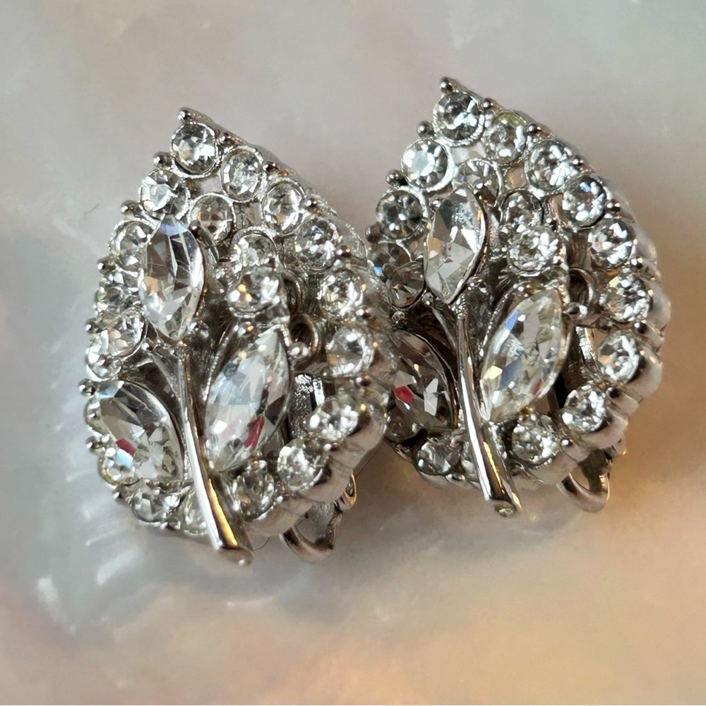 Coro vintage clip-on earrings, rhinestone floral, leaf Elegant Special Occasion
